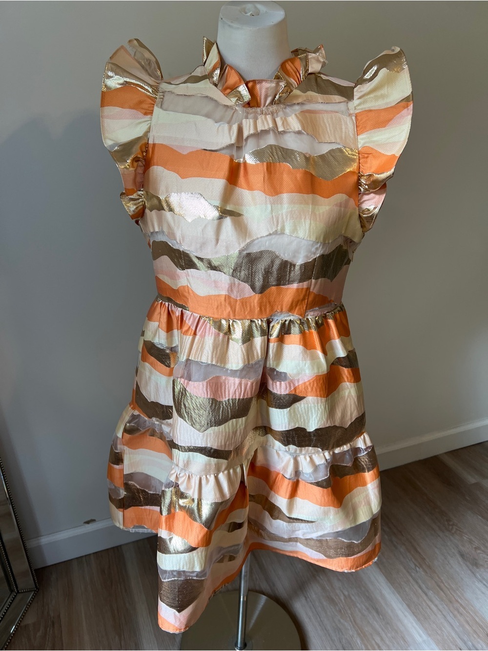 Marie Oliver Metallic Stripe Ruffle Dress Size Small Tiered Mini orange gold